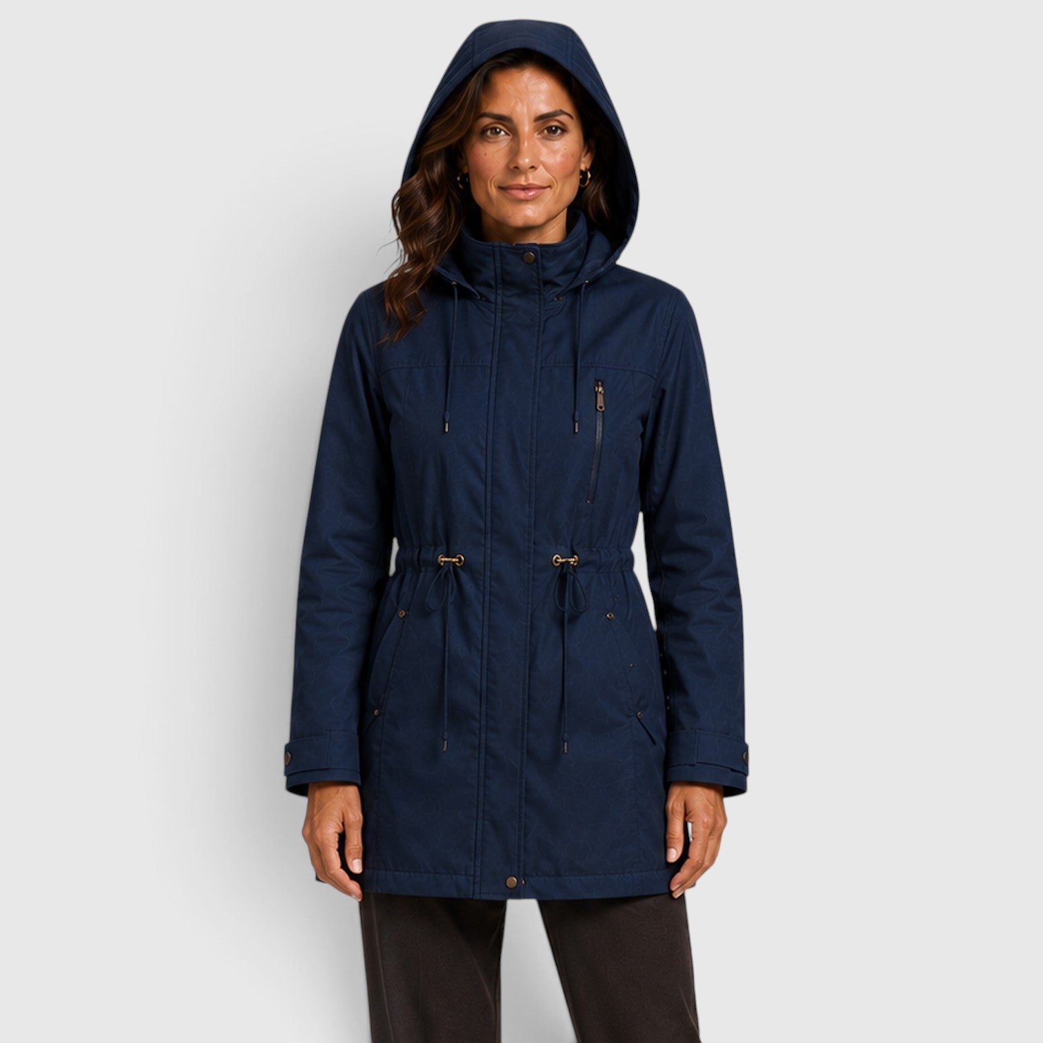 Alternate product view 2 of women's Mid Length Coat with drawstring waist hooded design.
