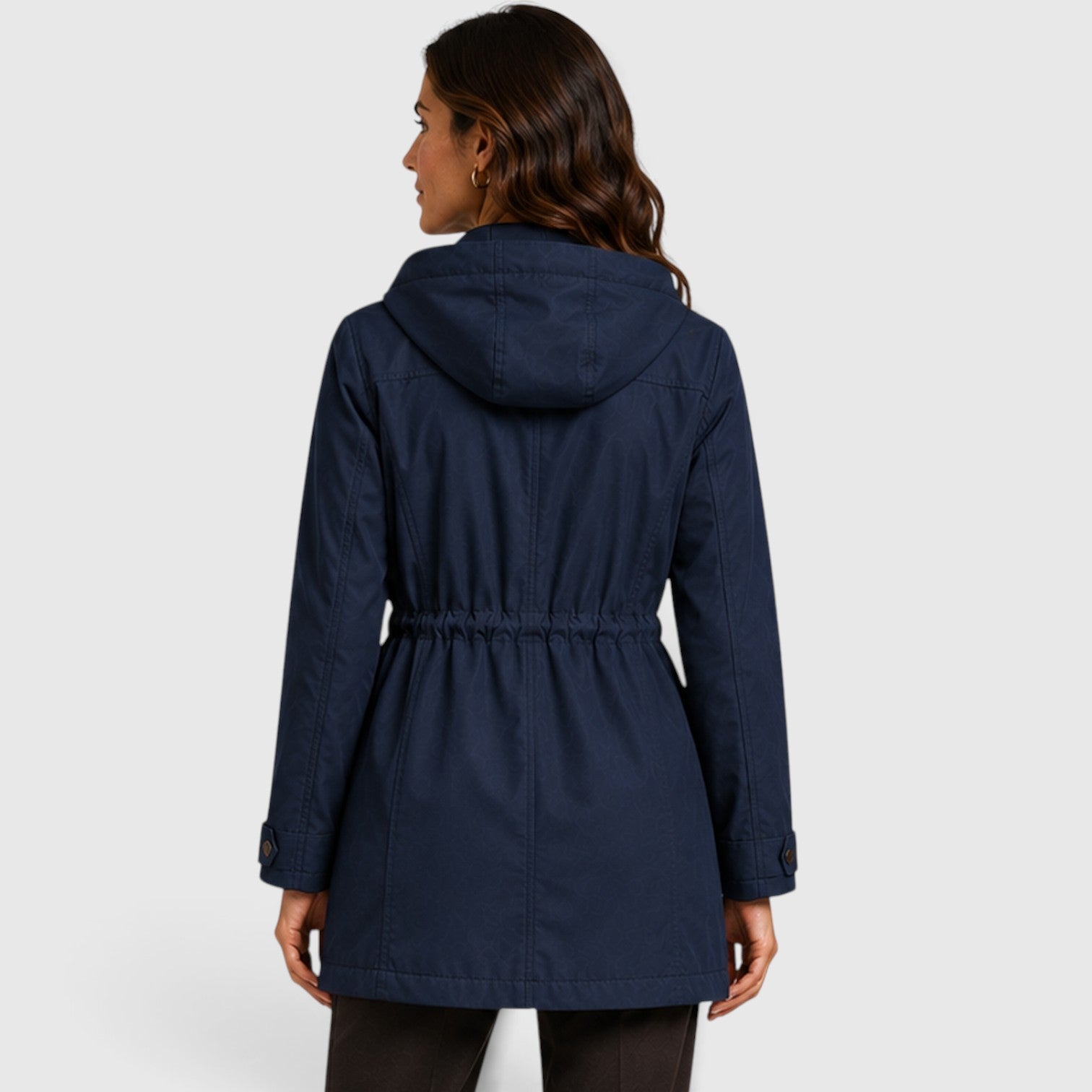 Alternate product view 3 of women's Mid Length Coat with drawstring waist hooded design.