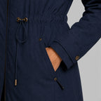Alternate product view 4 of women's Mid Length Coat with drawstring waist hooded design.