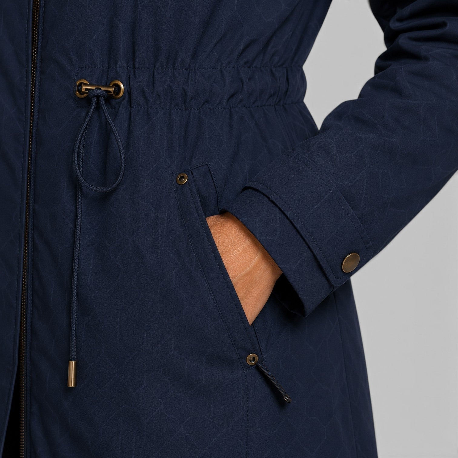 Alternate product view 4 of women's Mid Length Coat with drawstring waist hooded design.