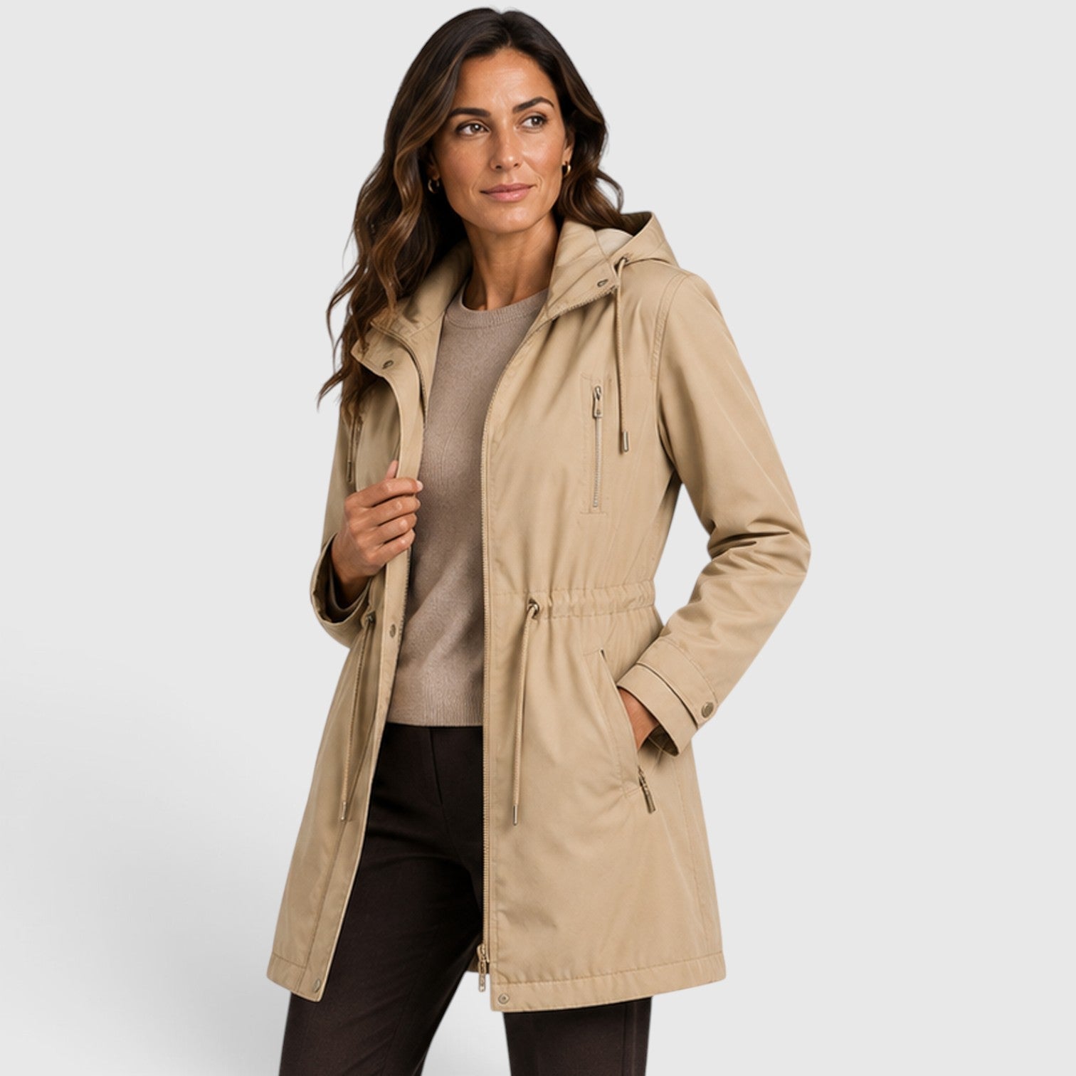 Alternate product view 5 of women's Mid Length Coat with drawstring waist hooded design.