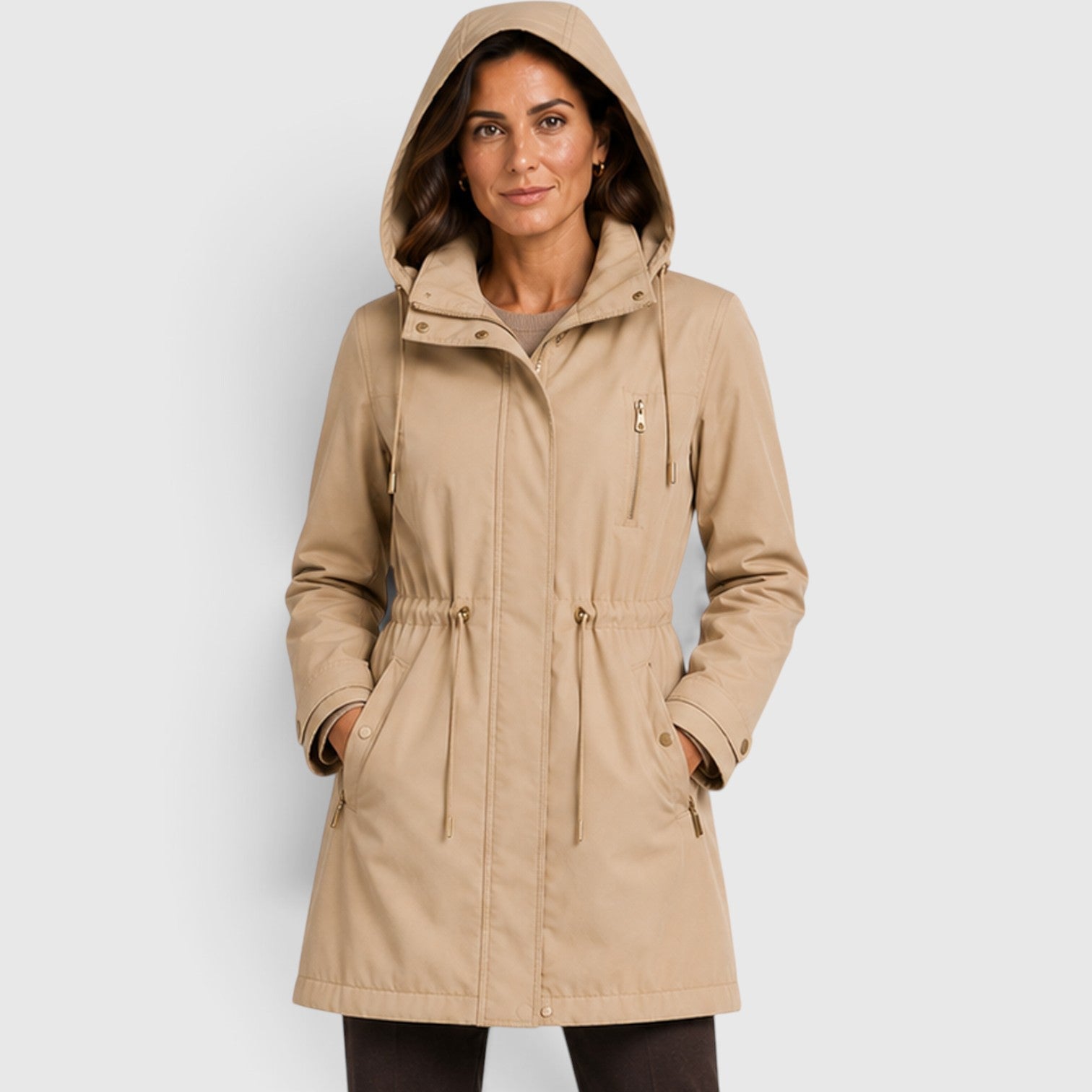 Alternate product view 6 of women's Mid Length Coat with drawstring waist hooded design.