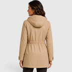 Alternate product view 7 of women's Mid Length Coat with drawstring waist hooded design.