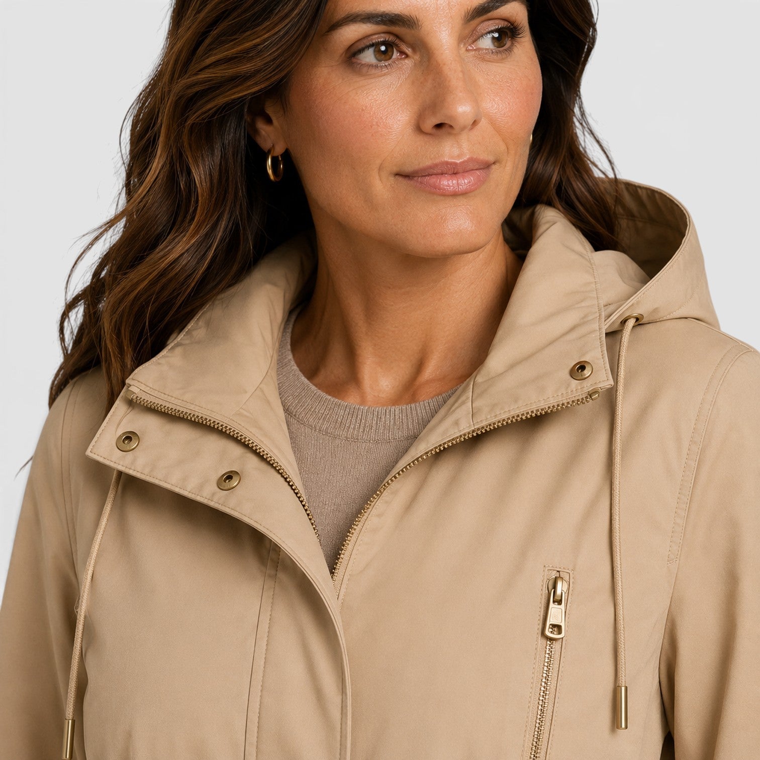 Alternate product view 8 of women's Mid Length Coat with drawstring waist hooded design.