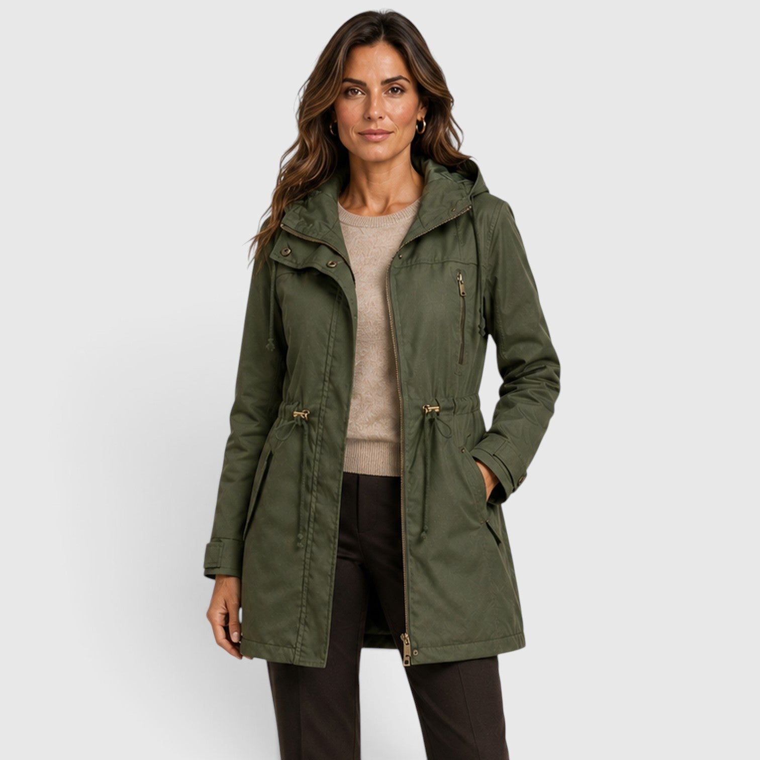 Alternate product view 9 of women's Mid Length Coat with drawstring waist hooded design.