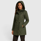 Alternate product view 10 of women's Mid Length Coat with drawstring waist hooded design.