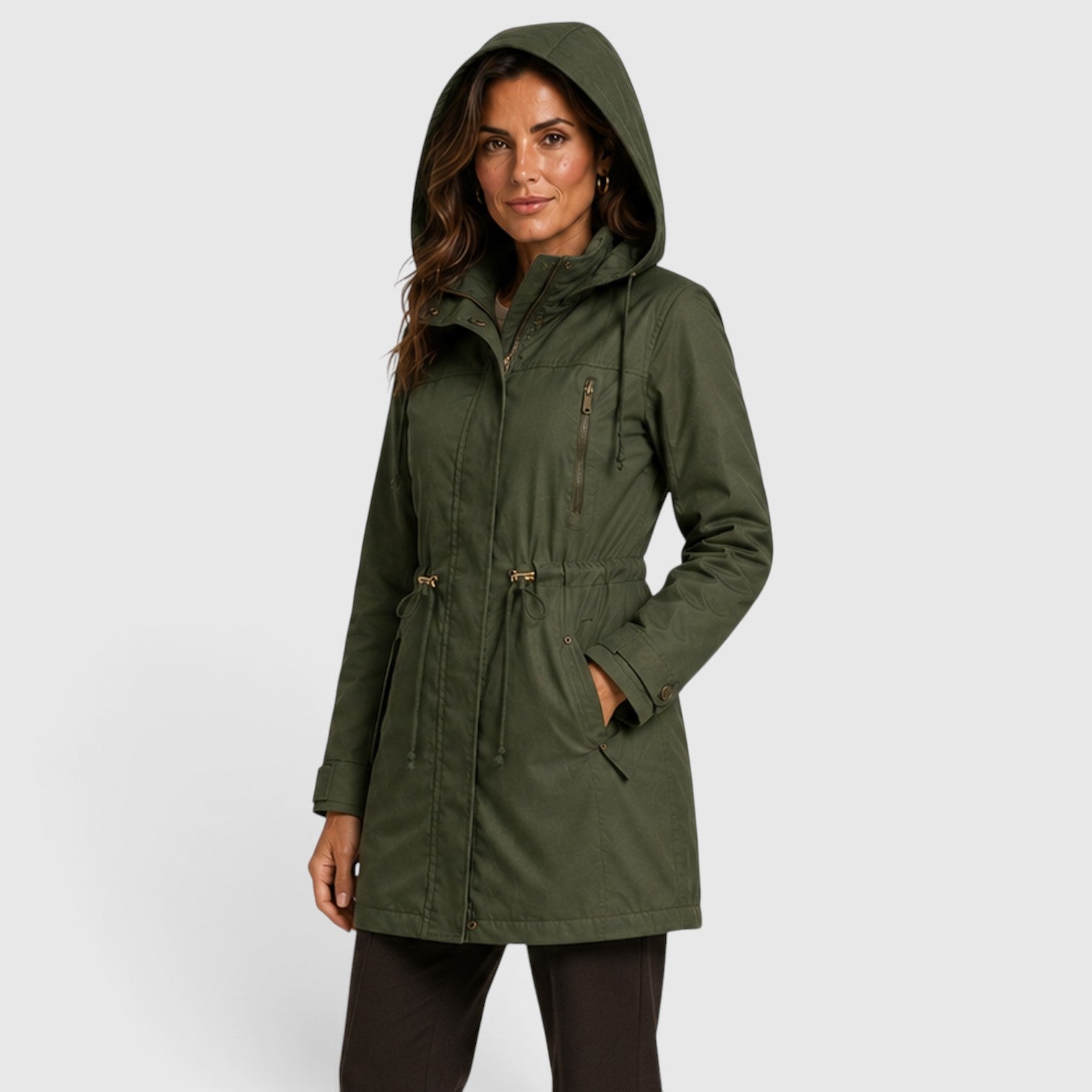 Alternate product view 10 of women's Mid Length Coat with drawstring waist hooded design.