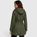 Alternate product view 11 of women's Mid Length Coat with drawstring waist hooded design.