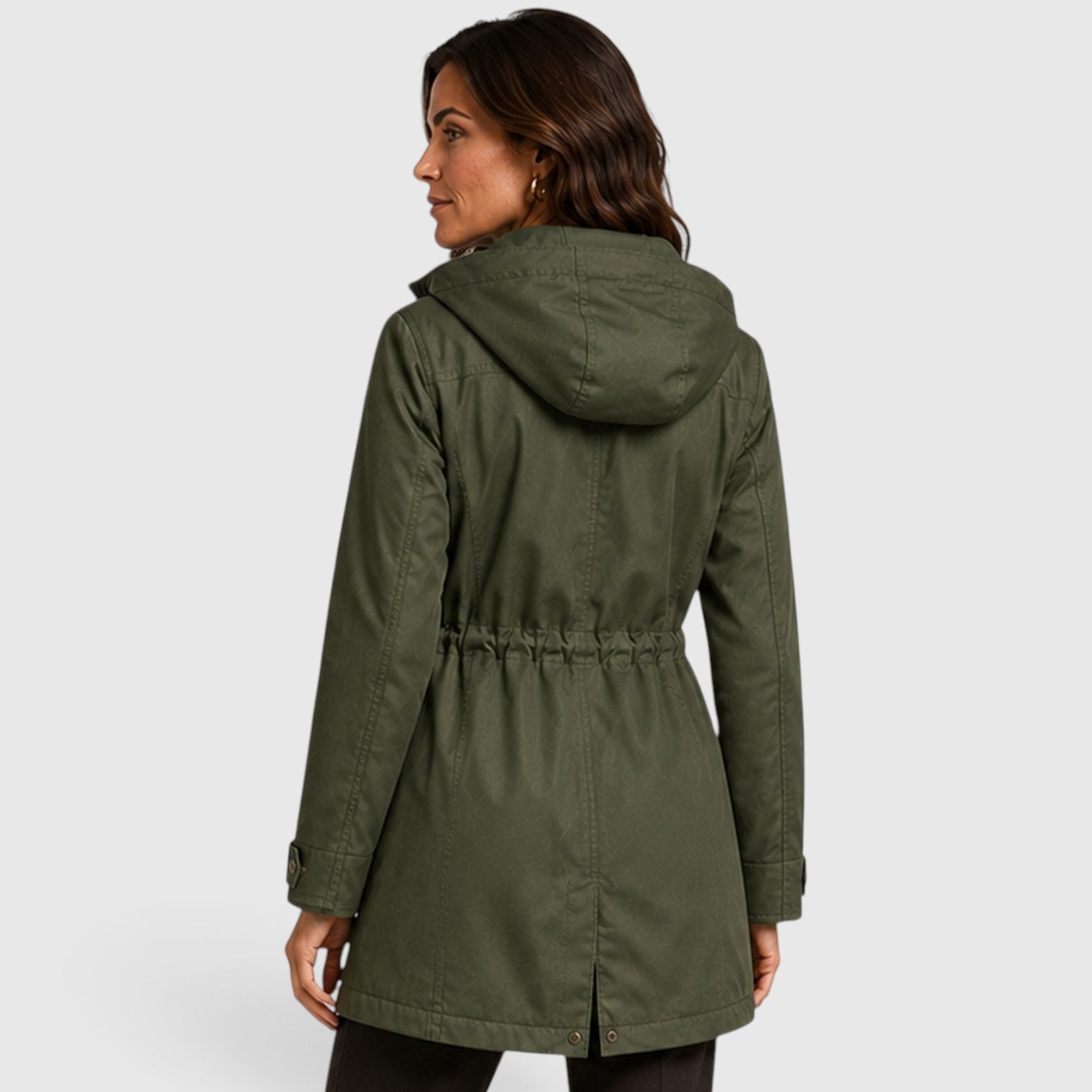 Alternate product view 11 of women's Mid Length Coat with drawstring waist hooded design.