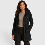 Alternate product view 12 of women's Mid Length Coat with drawstring waist hooded design.