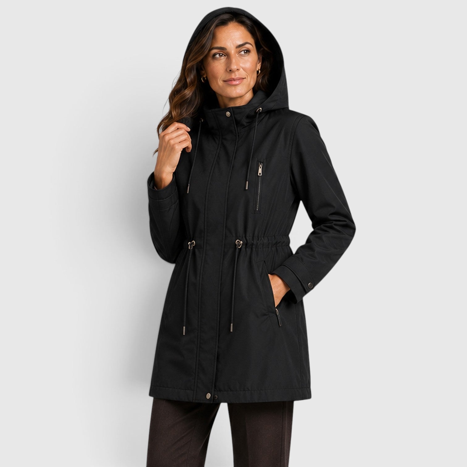 Alternate product view 13 of women's Mid Length Coat with drawstring waist hooded design.