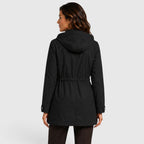 Alternate product view 14 of women's Mid Length Coat with drawstring waist hooded design.