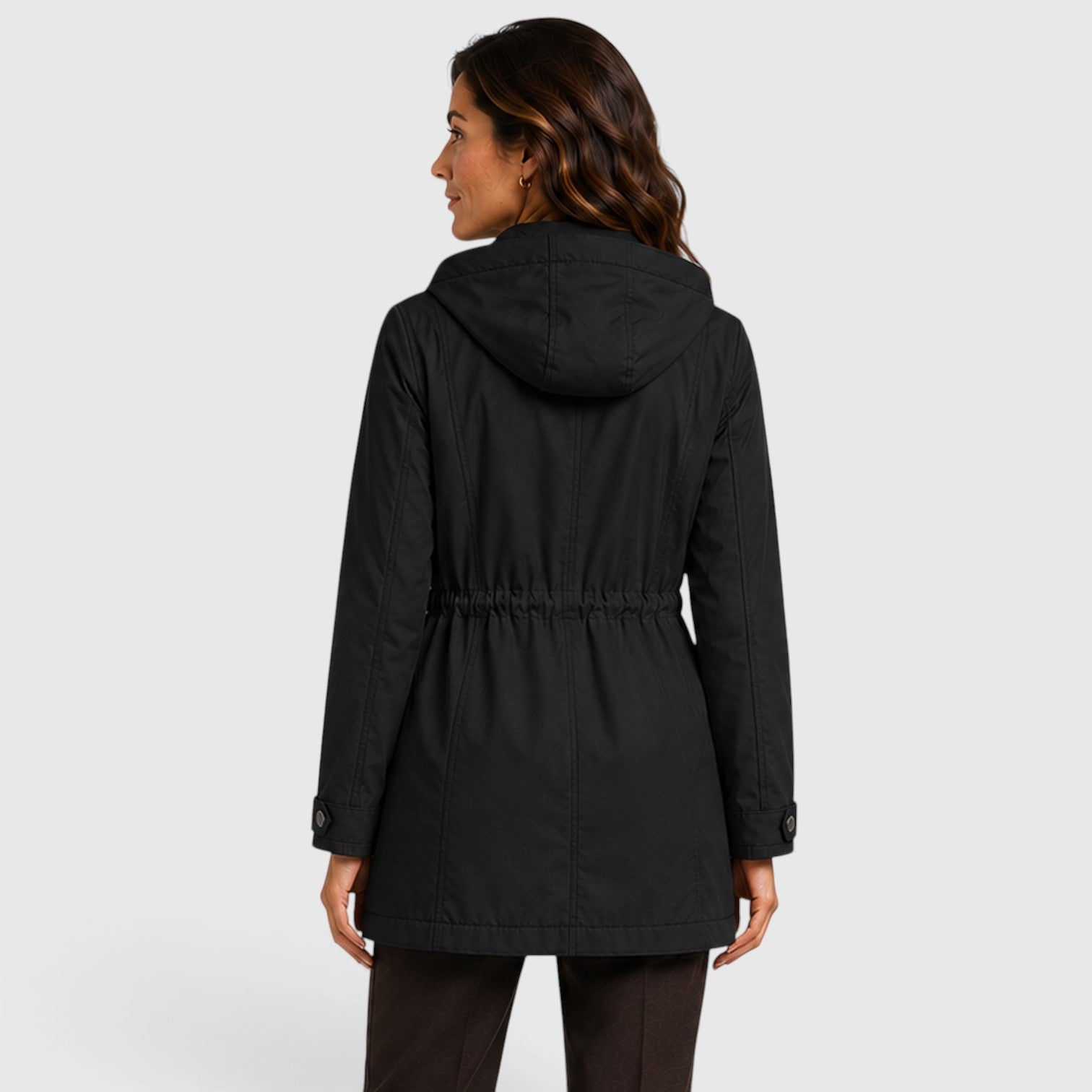 Alternate product view 14 of women's Mid Length Coat with drawstring waist hooded design.