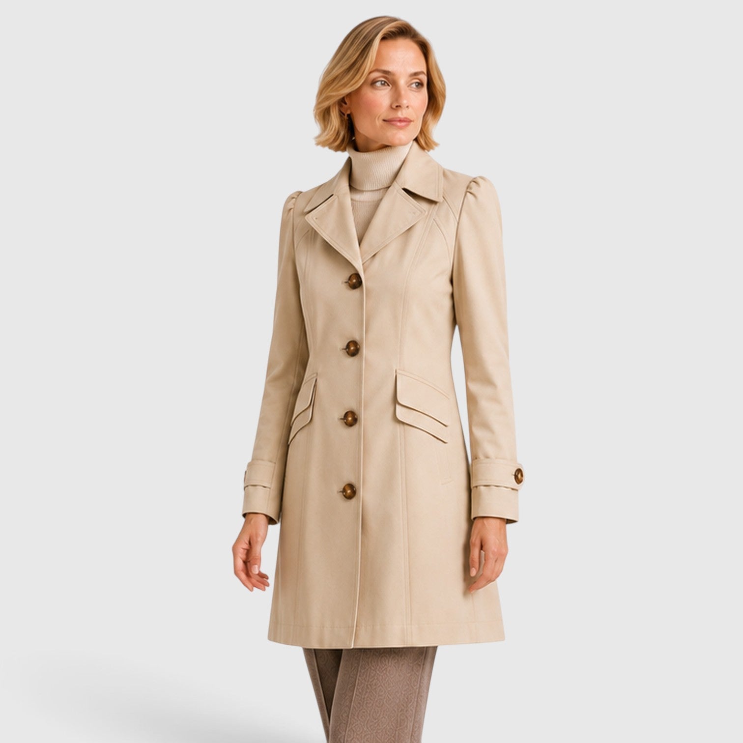 Women's Mid Length Trench Coat with button front tailored.
