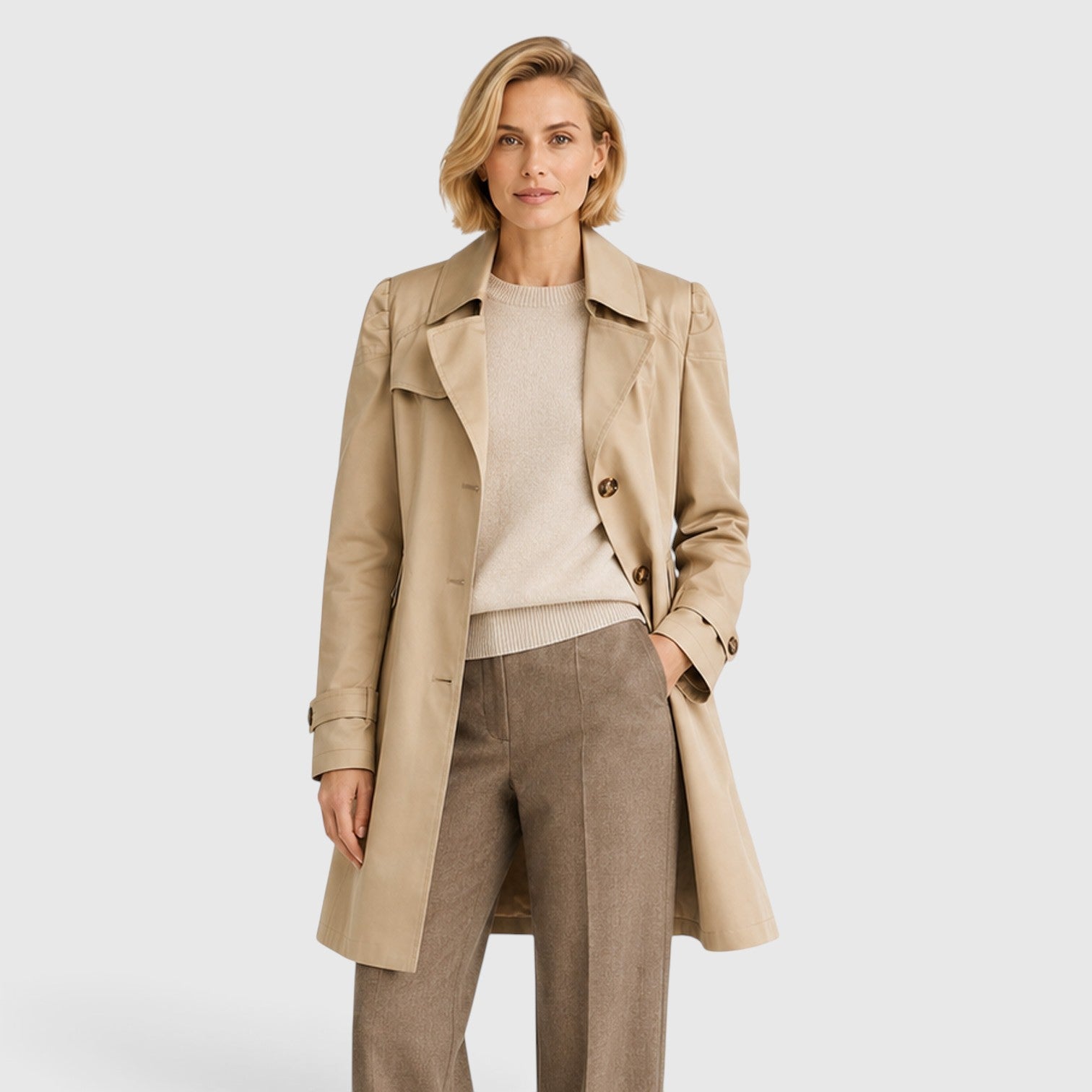Alternate product view 2 of women's Mid Length Trench Coat with button front tailored.