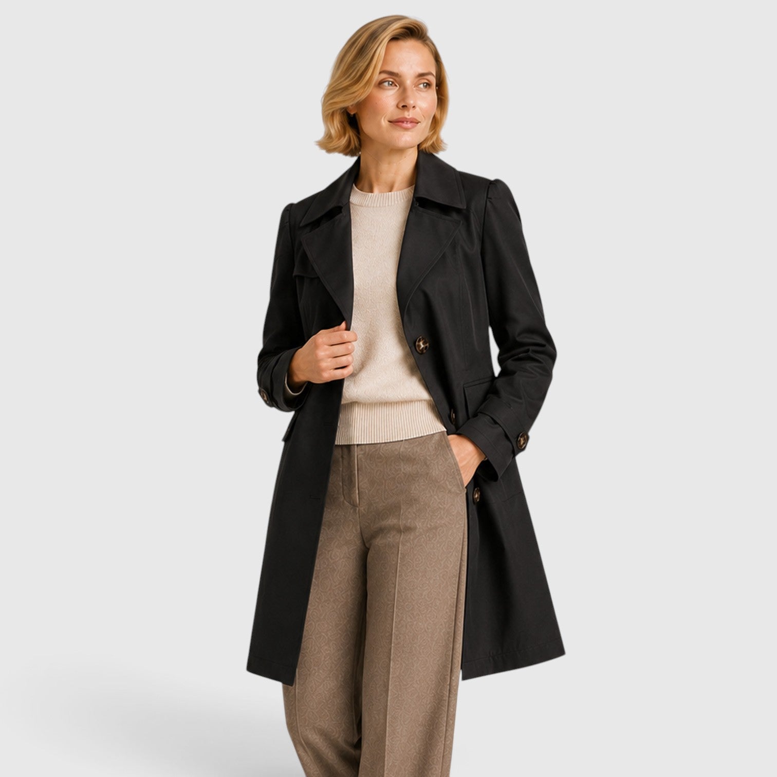 Alternate product view 5 of women's Mid Length Trench Coat with button front tailored.