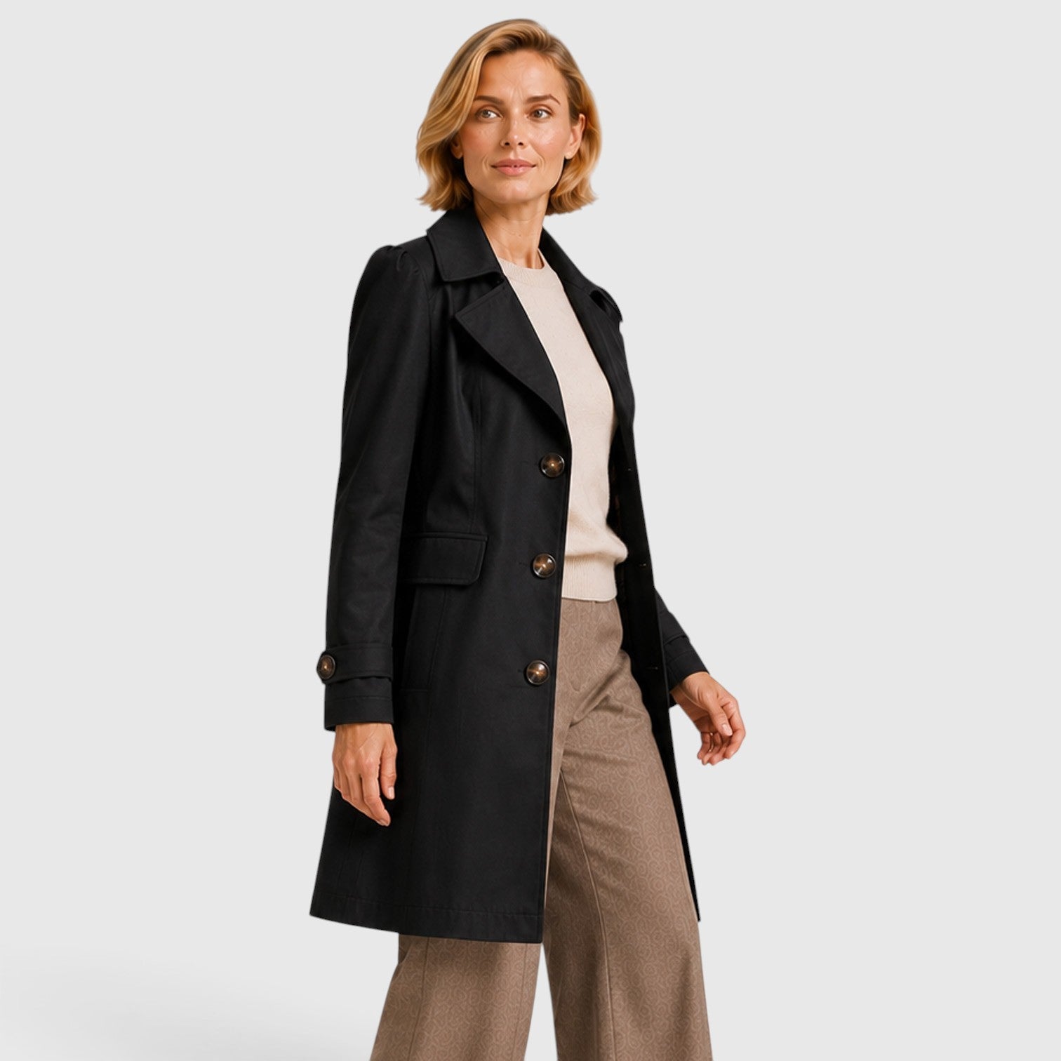 Alternate product view 6 of women's Mid Length Trench Coat with button front tailored.