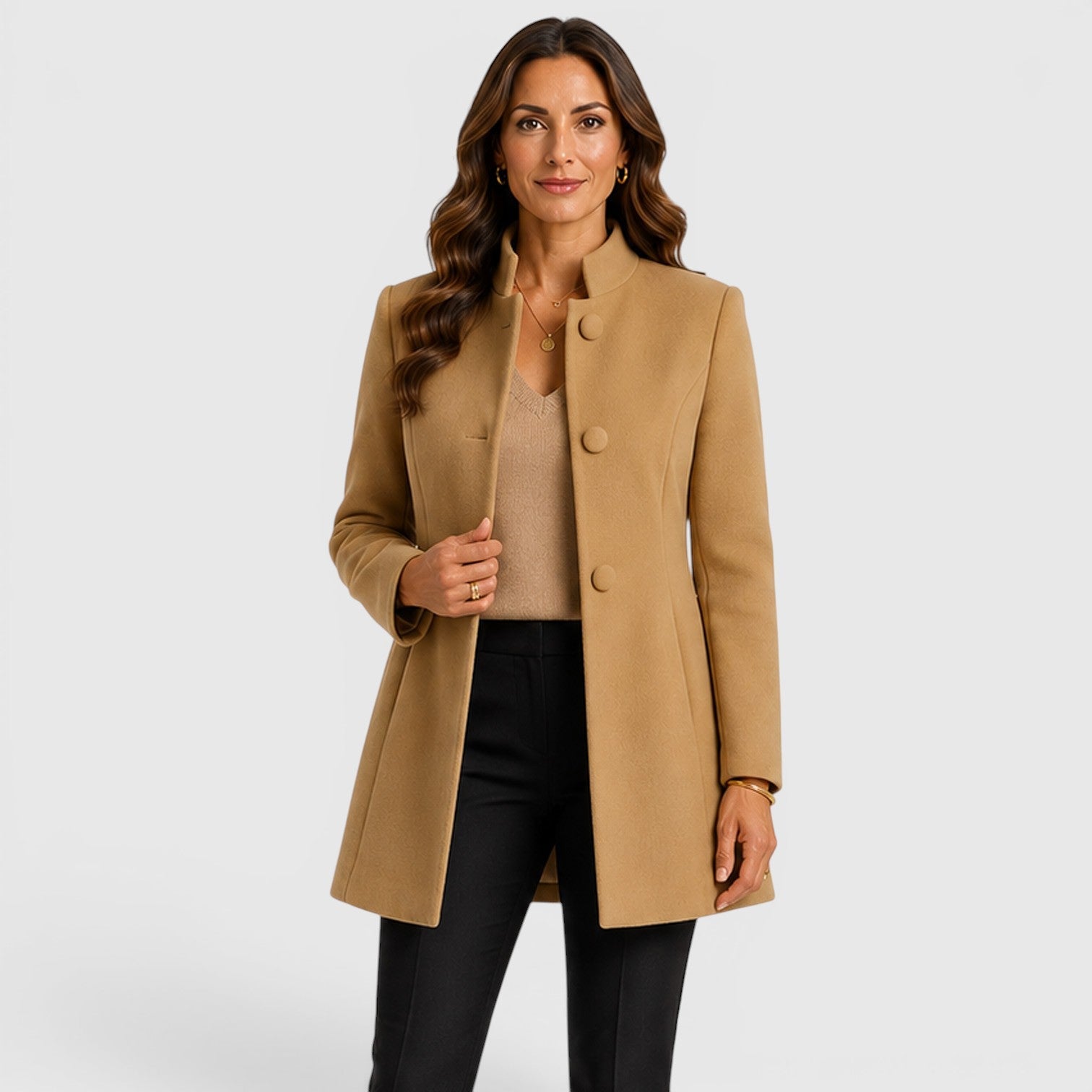 Women's Mid Length Wool Coat Button Front with collarless.