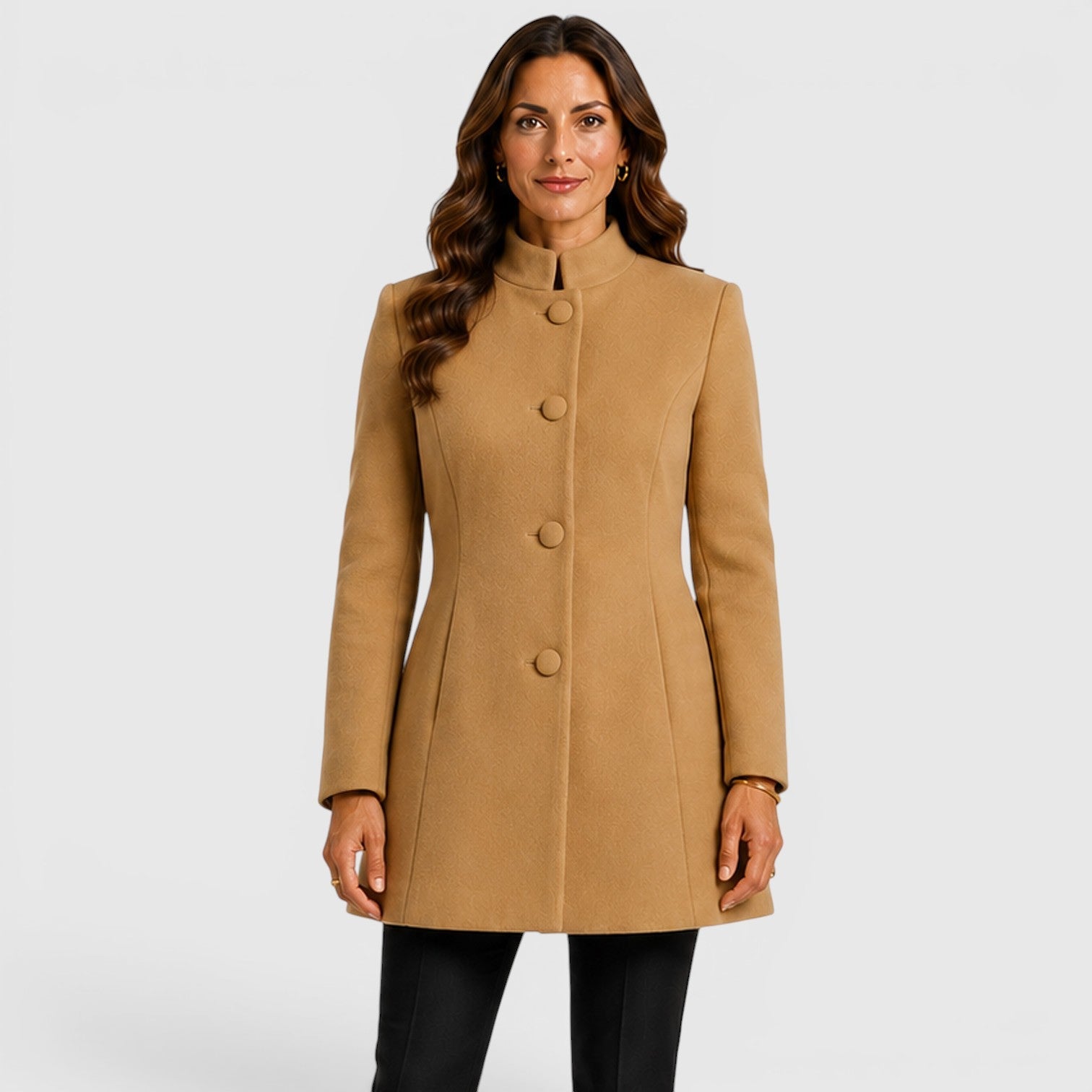 Alternate product view 2 of women's Mid Length Wool Coat Button Front with collarless.