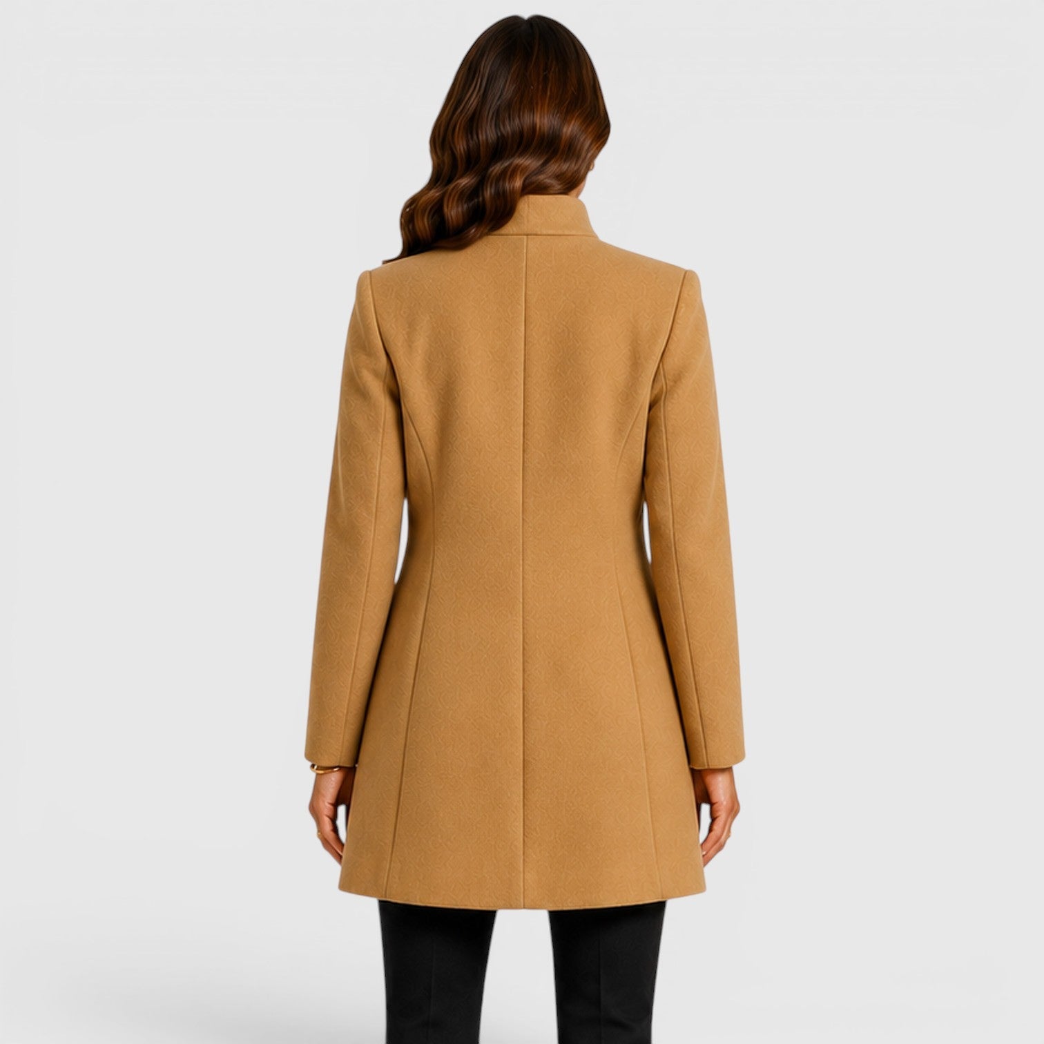 Alternate product view 3 of women's Mid Length Wool Coat Button Front with collarless.