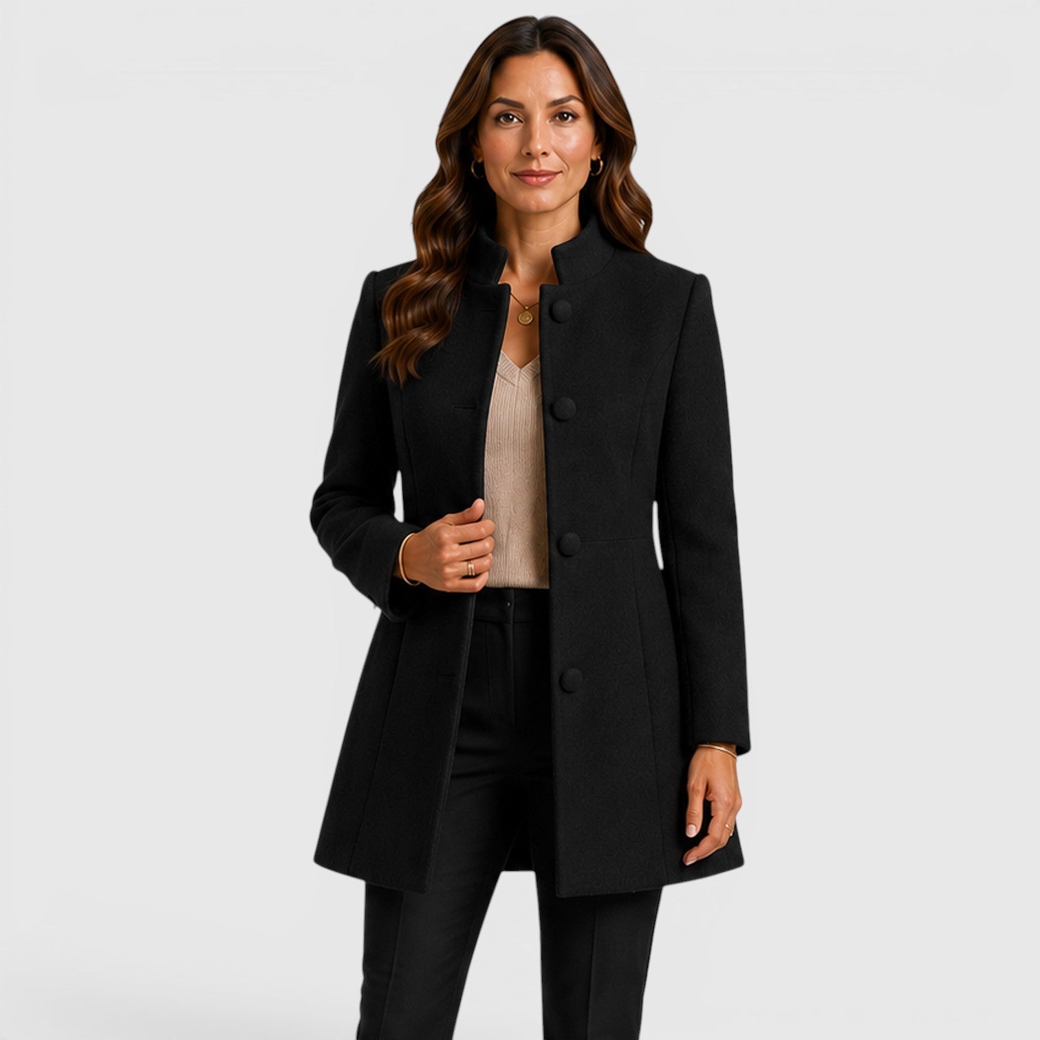 Alternate product view 5 of women's Mid Length Wool Coat Button Front with collarless.