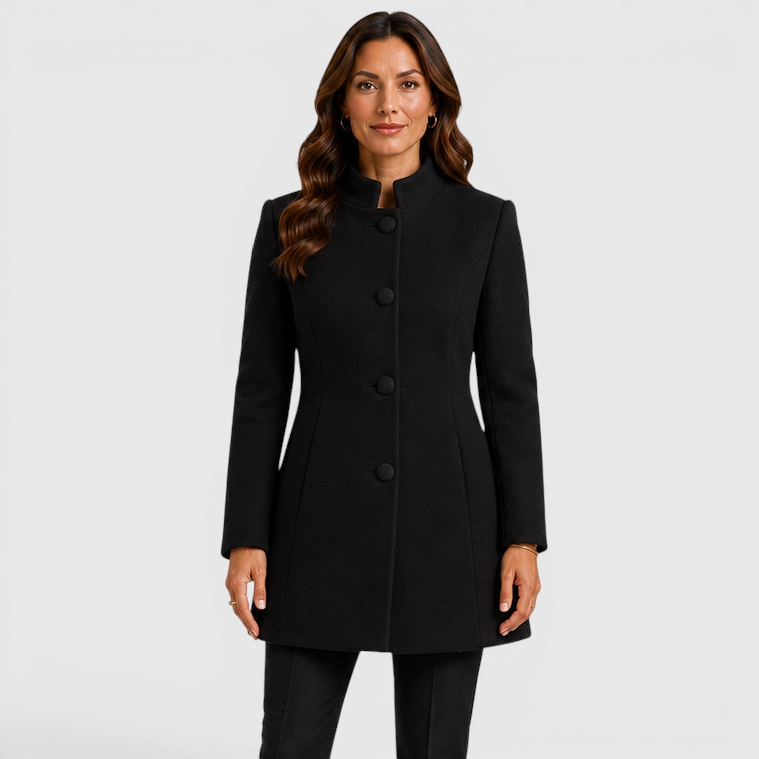 Alternate product view 6 of women's Mid Length Wool Coat Button Front with collarless.