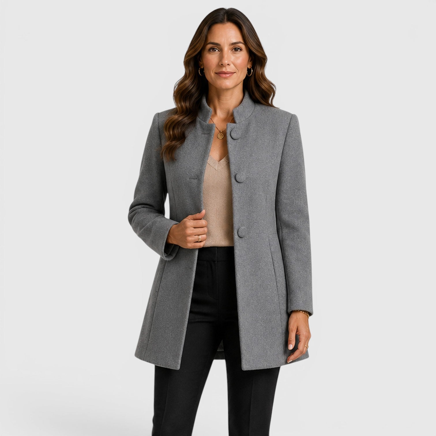 Alternate product view 8 of women's Mid Length Wool Coat Button Front with collarless.