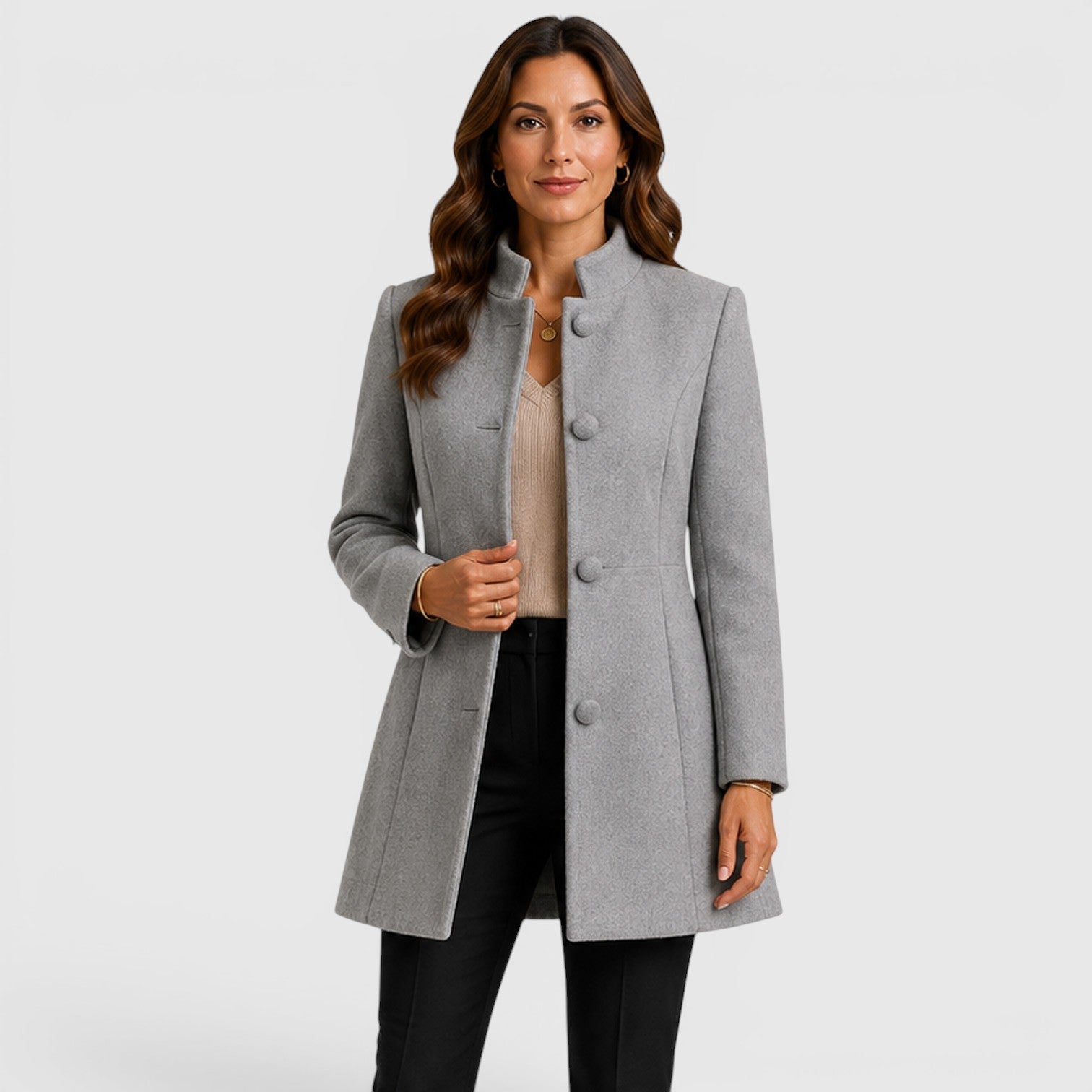 Alternate product view 11 of women's Mid Length Wool Coat Button Front with collarless.