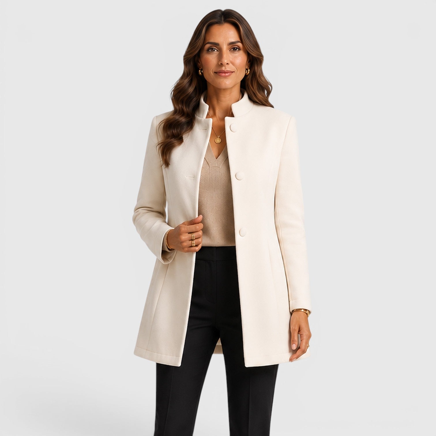 Alternate product view 14 of women's Mid Length Wool Coat Button Front with collarless.