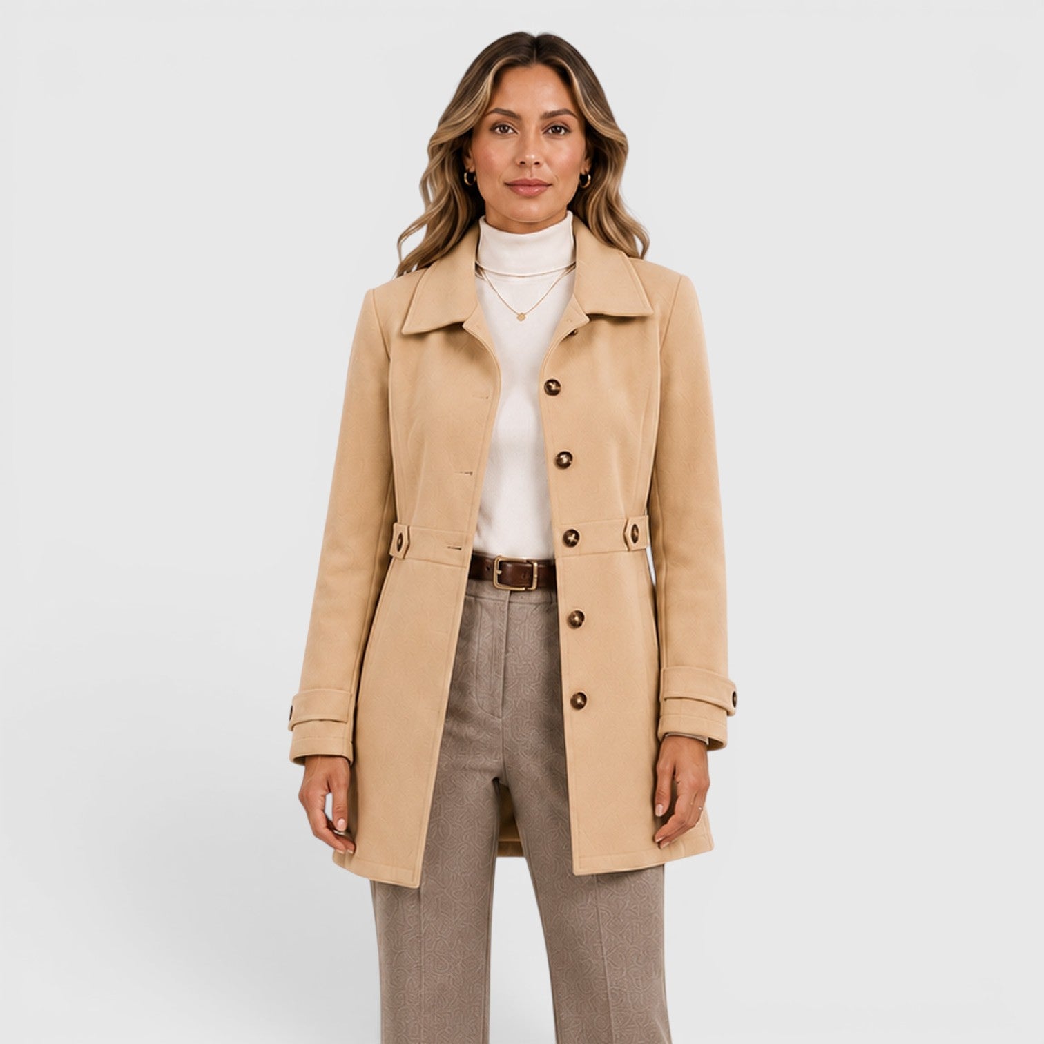 Women's Mid Length Wool Coat with single-breasted collared.