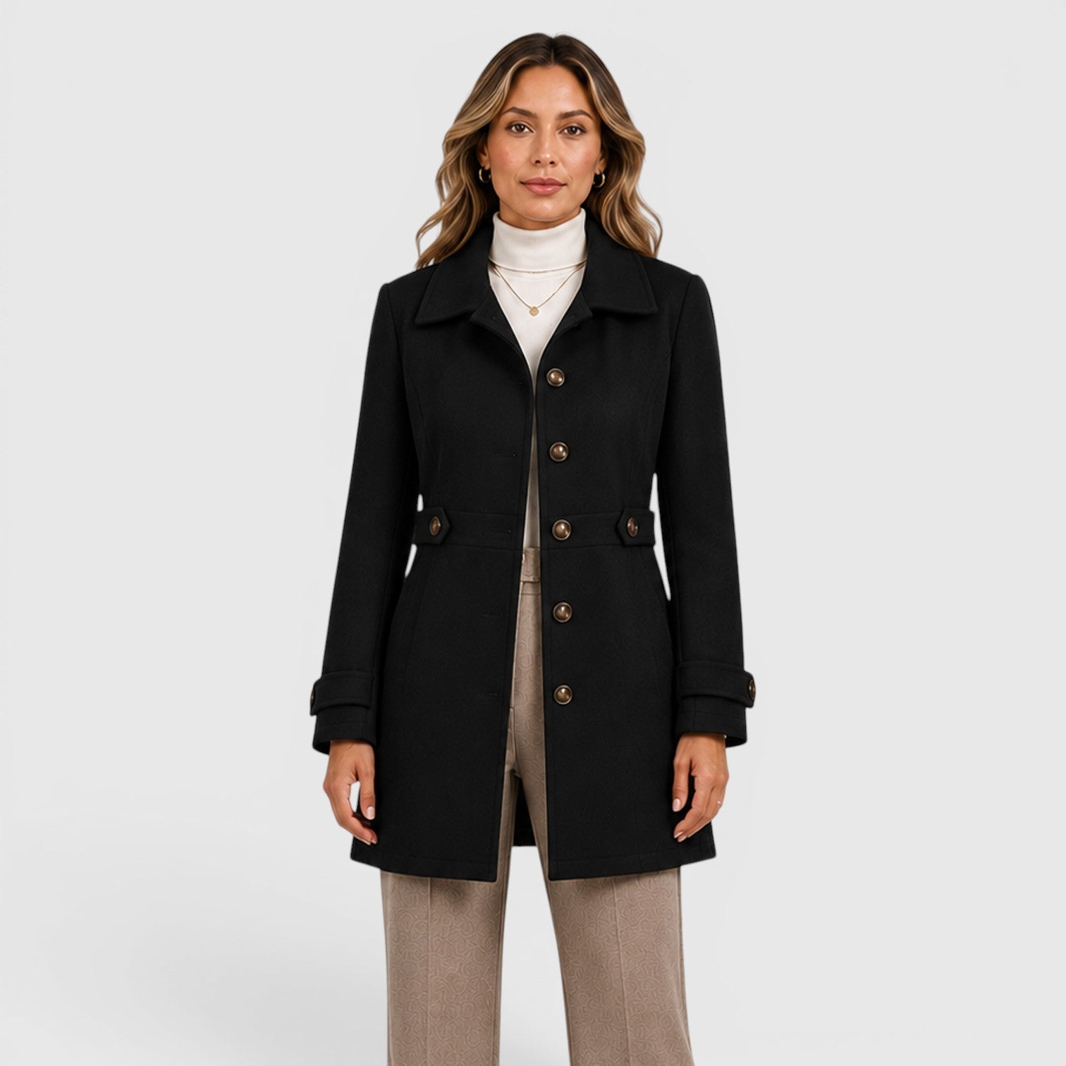 Alternate product view 9 of women's Mid Length Wool Coat with single-breasted collared.