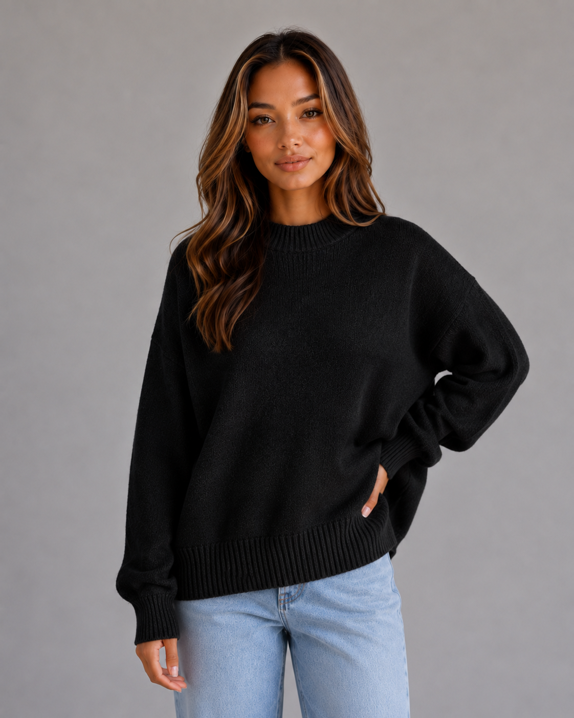 Alternate product view 5 of women's Oversized Knit Jumper with high neck longline fit.