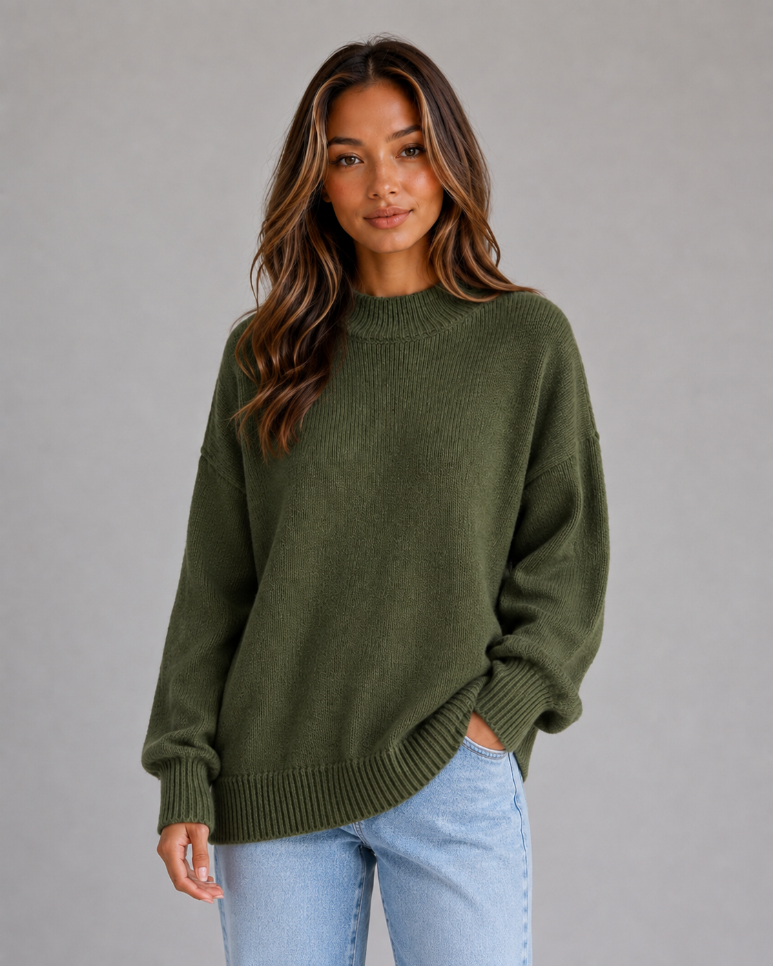 Alternate product view 6 of women's Oversized Knit Jumper with high neck longline fit.