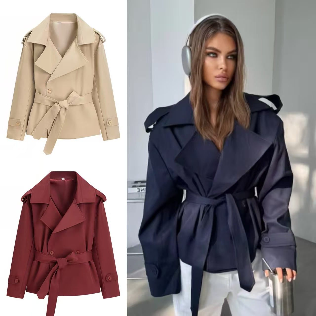 Alternate product view 3 of women's Oversized Short Trench Coat Belt Tie.