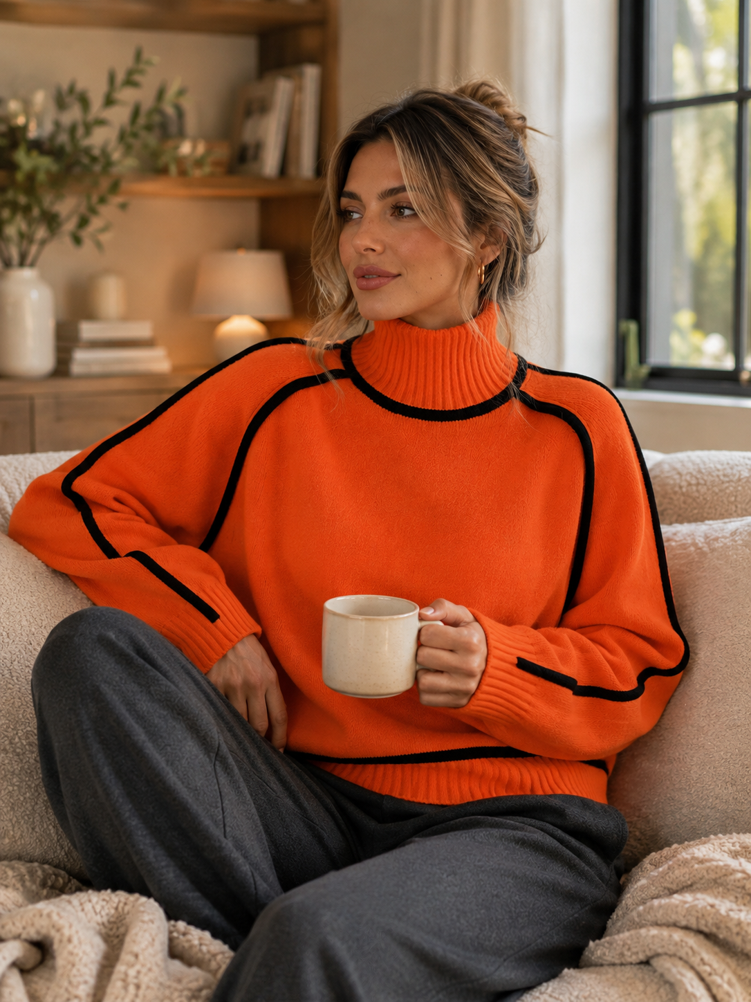 Alternate product view 11 of women's Oversized Sweater with ribbed roll neck relaxed fit.