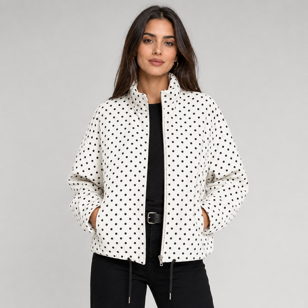Women's Polka Dot Bomber Jacket with Cropped Zip-Up Fit, view 1 of 9