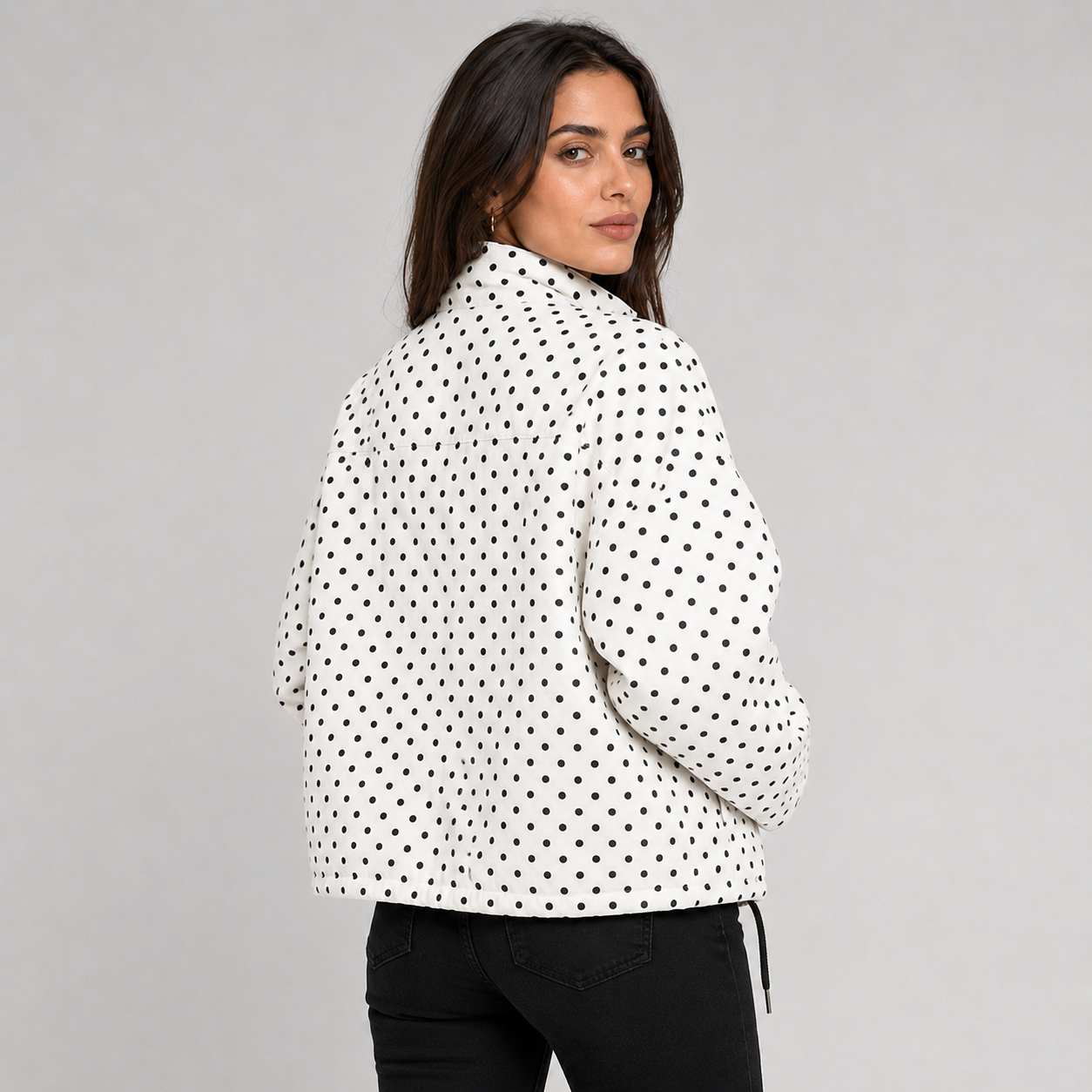 Women's Polka Dot Bomber Jacket with Cropped Zip-Up Fit, view 2 of 9