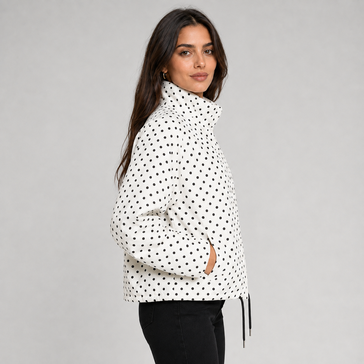 Women's Polka Dot Bomber Jacket with Cropped Zip-Up Fit, view 3 of 9