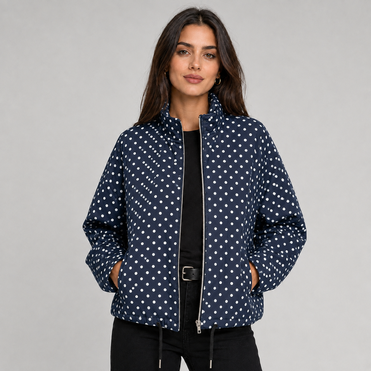 Women's Polka Dot Bomber Jacket with Cropped Zip-Up Fit, view 4 of 9