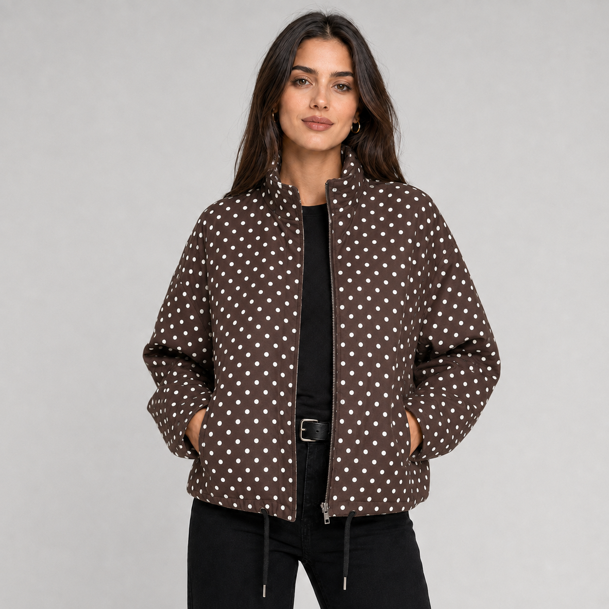 Women's Polka Dot Bomber Jacket with Cropped Zip-Up Fit, view 5 of 9