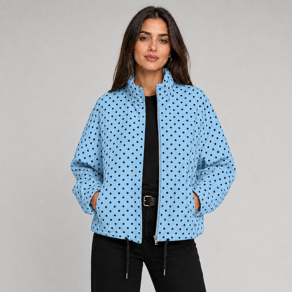 Women's Polka Dot Bomber Jacket with Cropped Zip-Up Fit, view 6 of 9