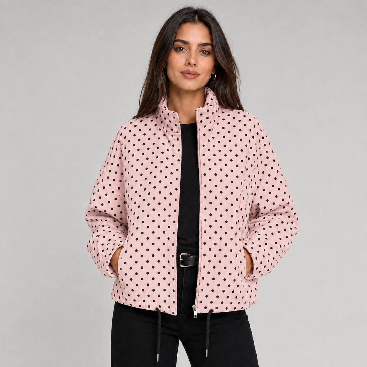 Women's Polka Dot Bomber Jacket with Cropped Zip-Up Fit, view 7 of 9