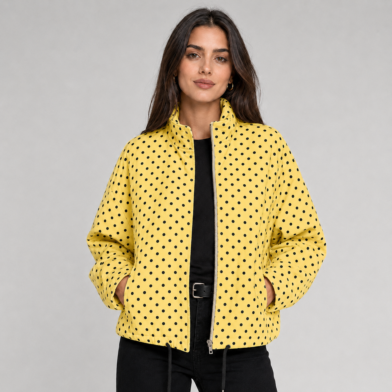 Women's Polka Dot Bomber Jacket with Cropped Zip-Up Fit, view 9 of 9