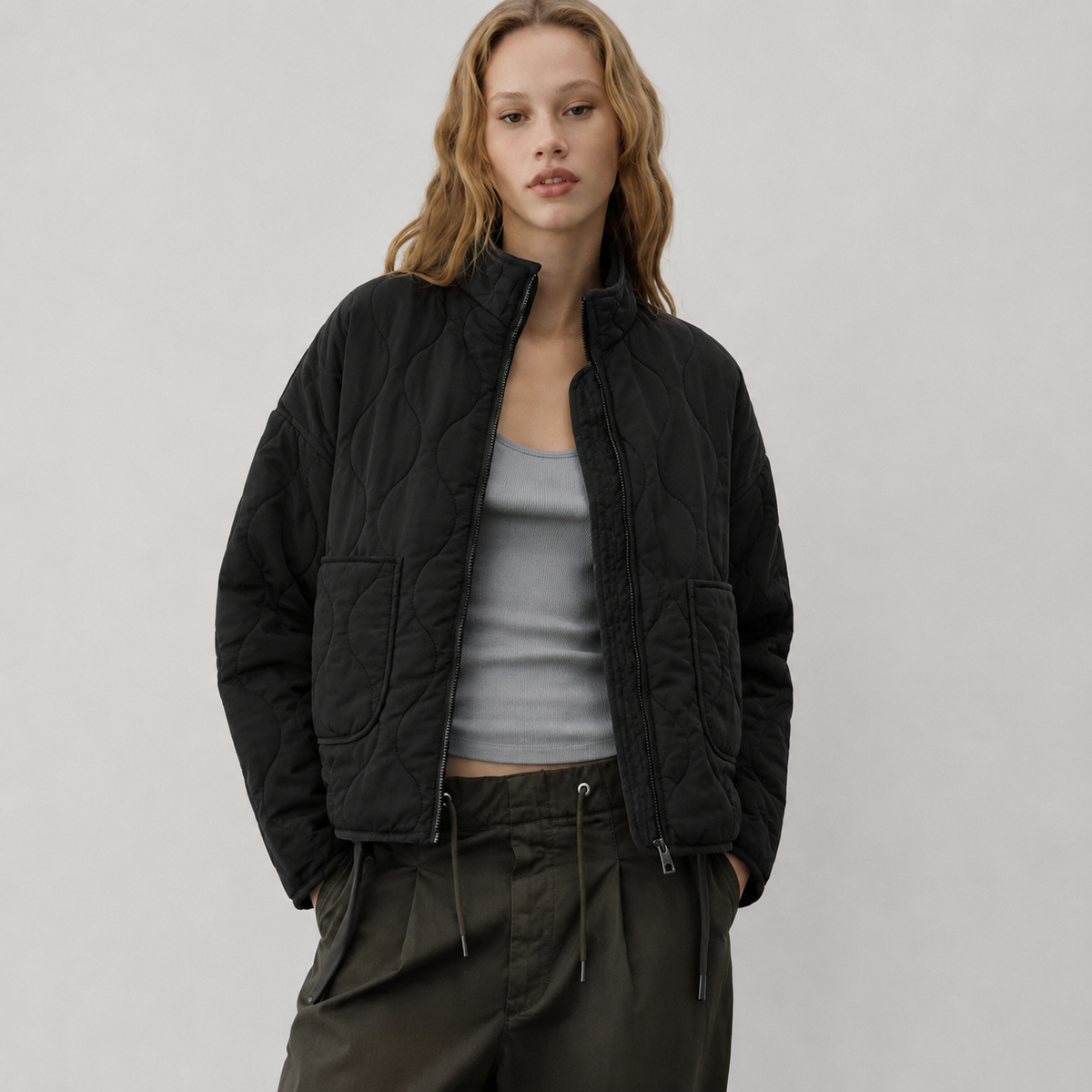 Women's Quilted Funnel Neck Jacket with Patch Pockets, view 4 of 10