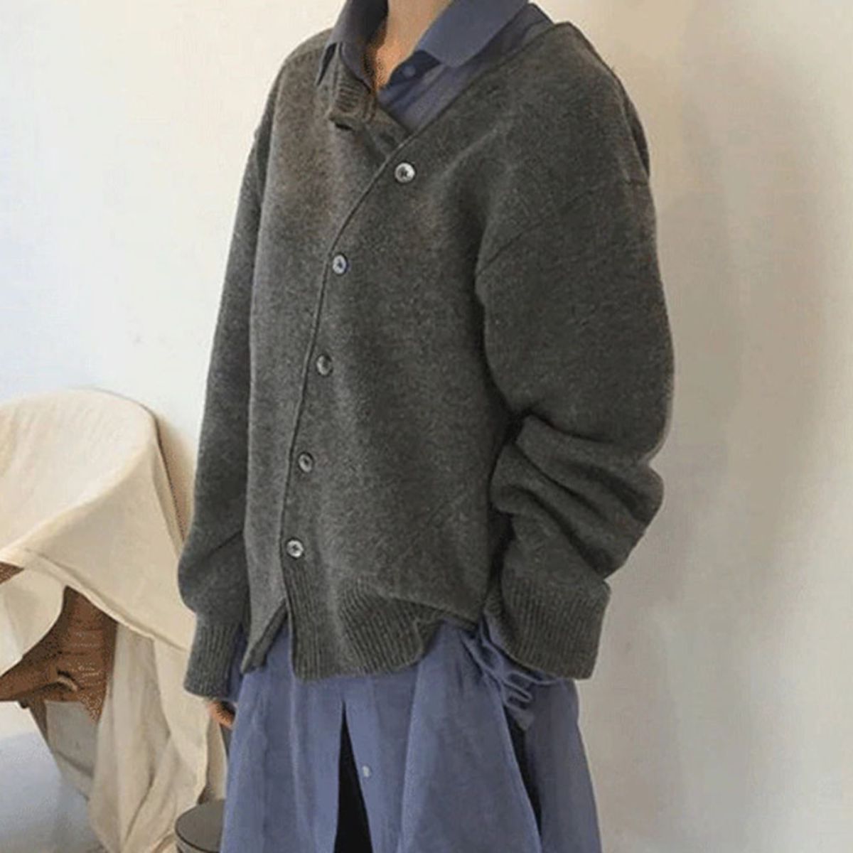Women's Ribbed Knit Jumper with Off-Center Buttons, view 5 of 7