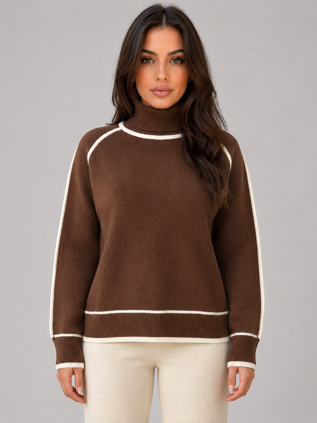 Women's Roll Neck Jumper with relaxed knit long sleeve.
