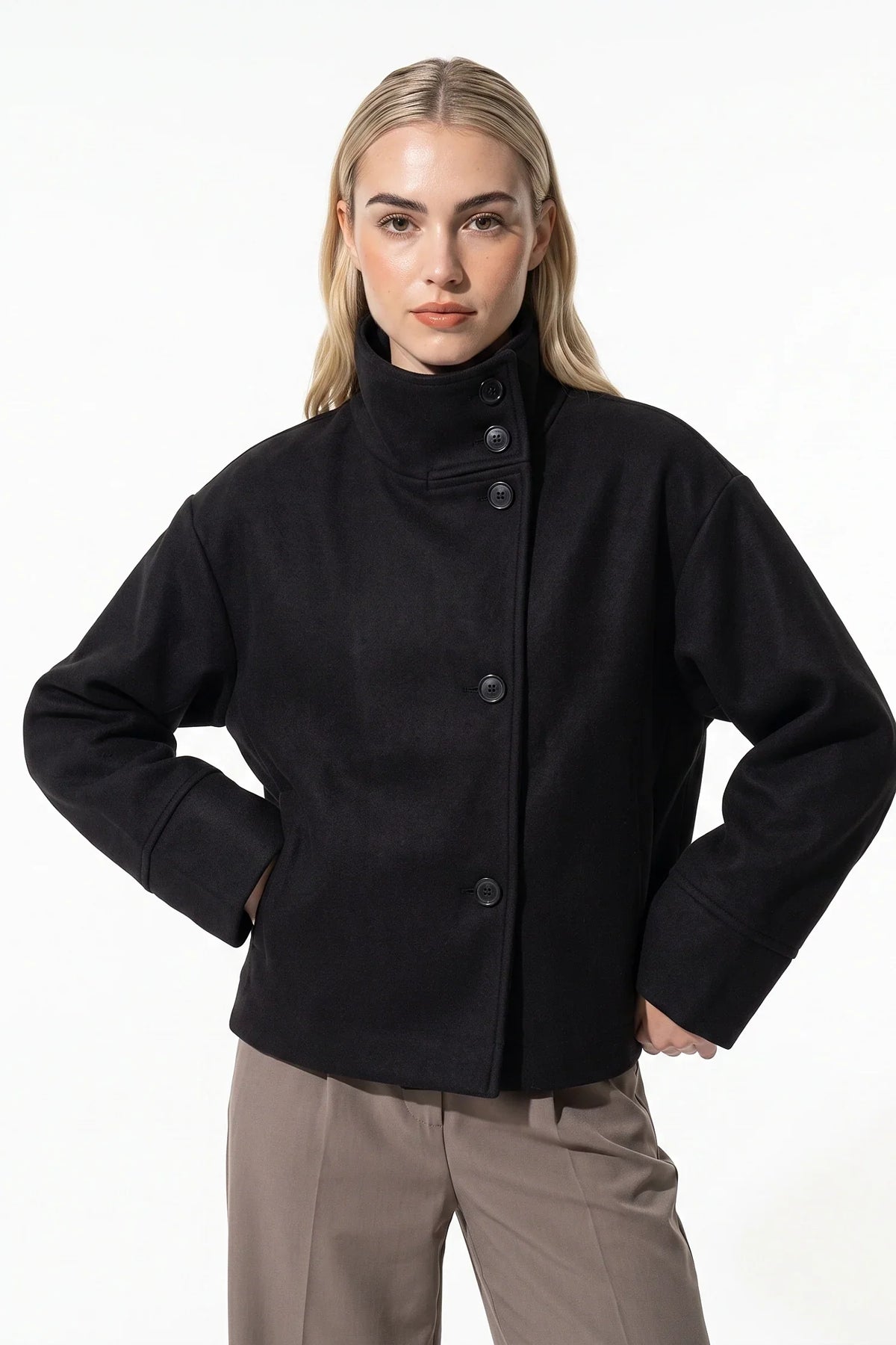Women's Short Wool Coat with Funnel Neck Design, view 1 of 20