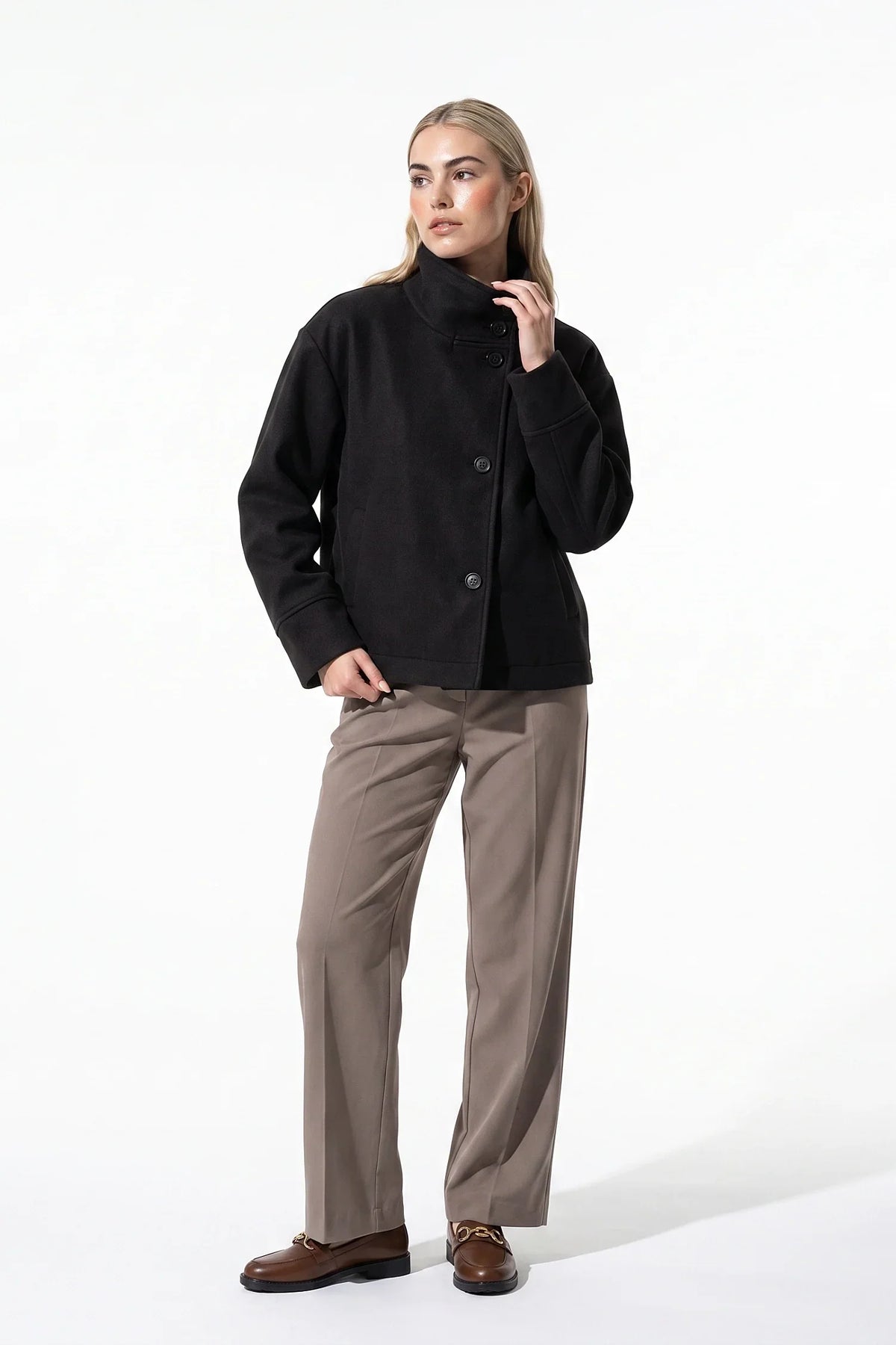 Women's Short Wool Coat with Funnel Neck Design, view 3 of 20
