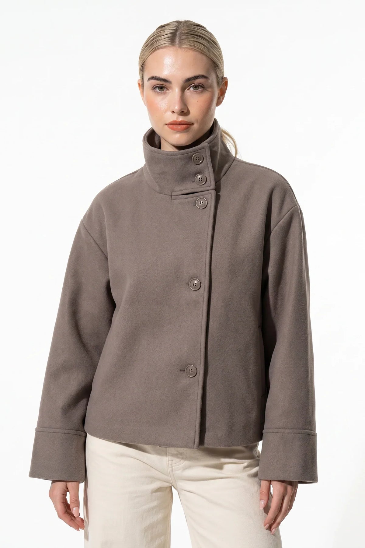 Women's Short Wool Coat with Funnel Neck Design, view 6 of 20