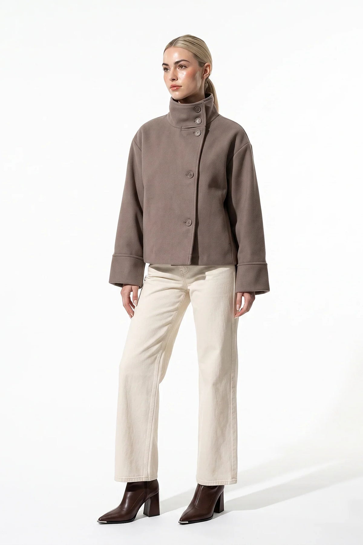 Women's Short Wool Coat with Funnel Neck Design, view 8 of 20